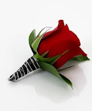 Red Rose Boutonniere with Black/Silver Wrap